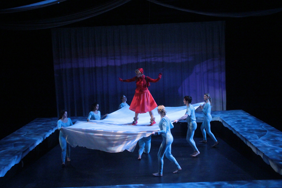 Video Design for the Rose and the Rime, a woman suspended on an ice bridge as a river rushes behind her